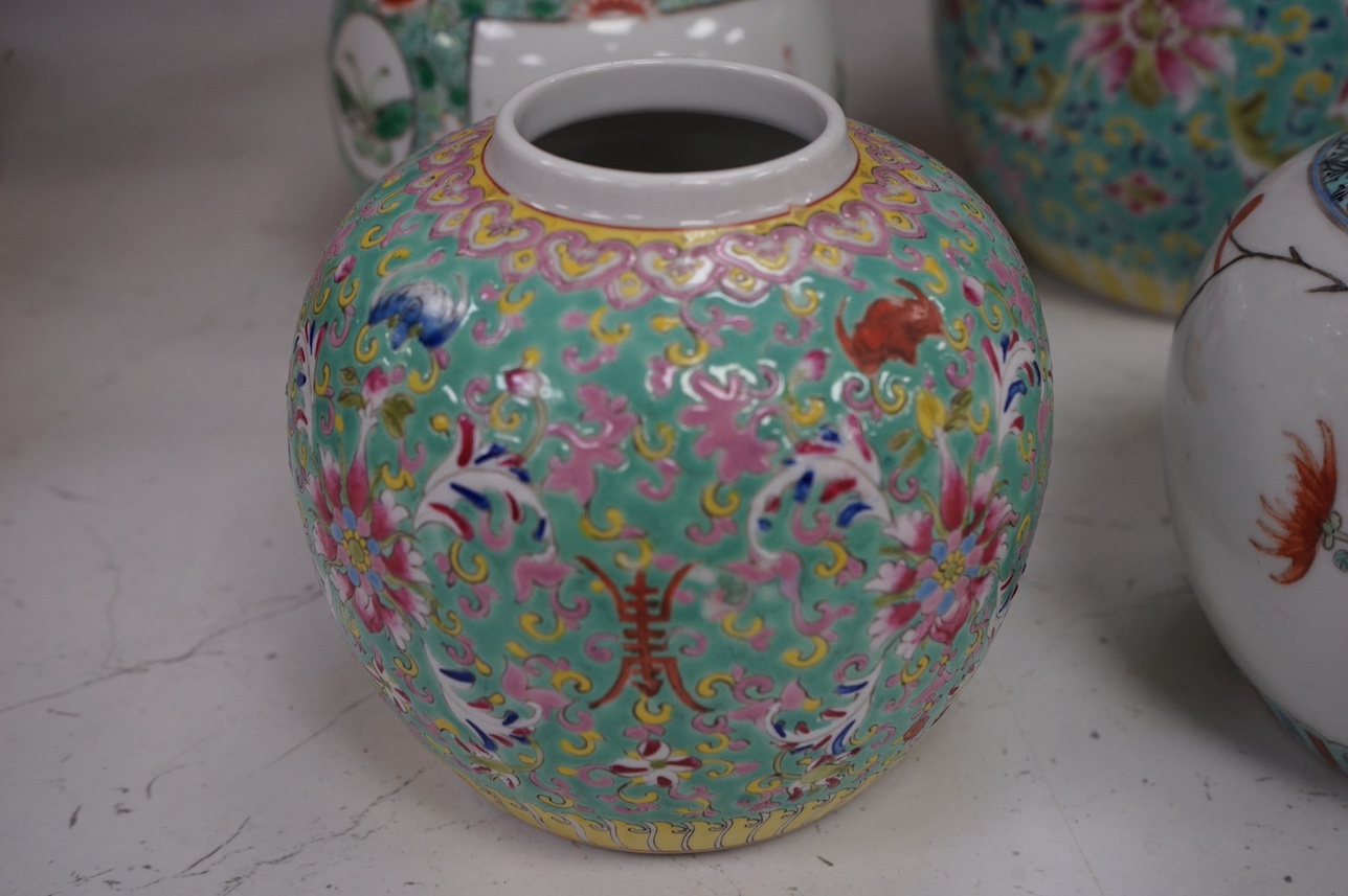 Six early 20th century Chinese enamelled porcelain jars, two with covers, largest 16cm high. Condition - fair, some cracks